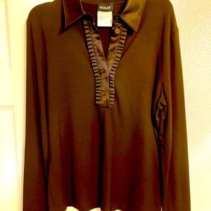 Chocolate brown long sleeve knit with satin accents ruffles and collar size S